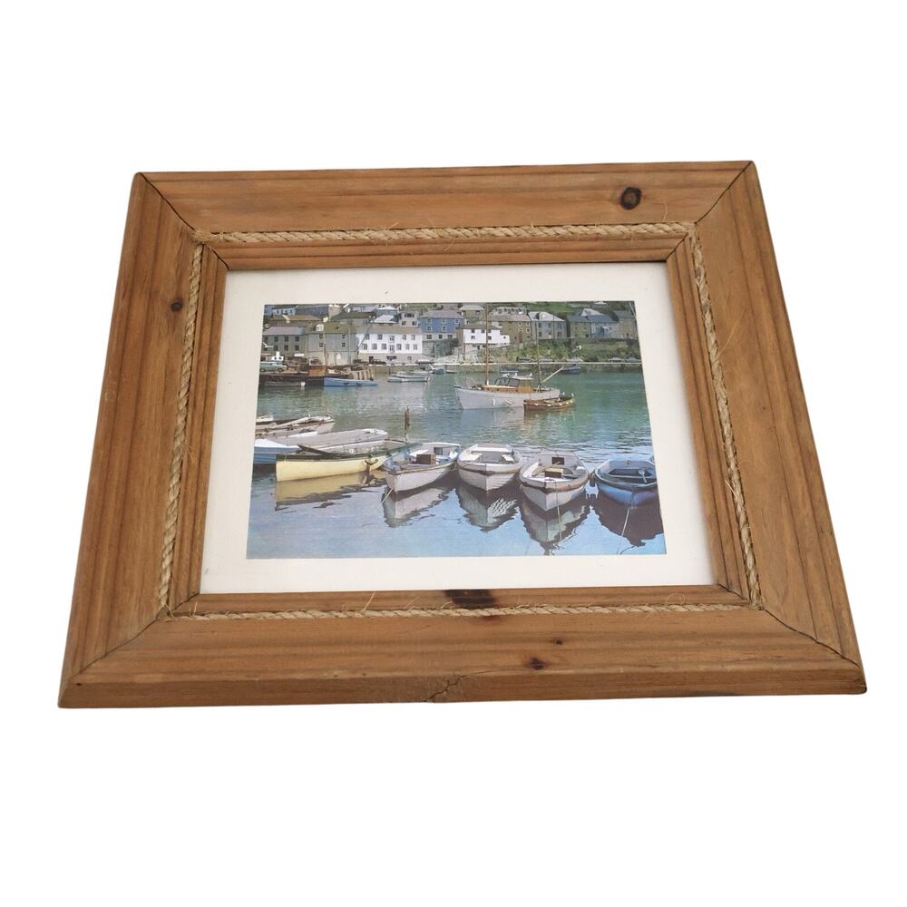 Vintage Nautical Boats Harbor Foil Lithograph Print Rustic Wood Frame 11.5x13.5